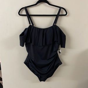 NWT La Blanca sz18W Island Goddess Off the Shoulder ruffle tummycontrol swimsuit